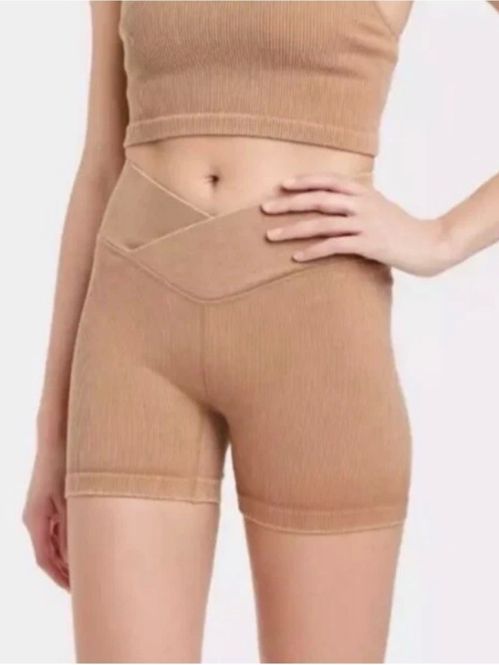 JoyLab tan Ribbed Cross-Waistband Biker Shorts